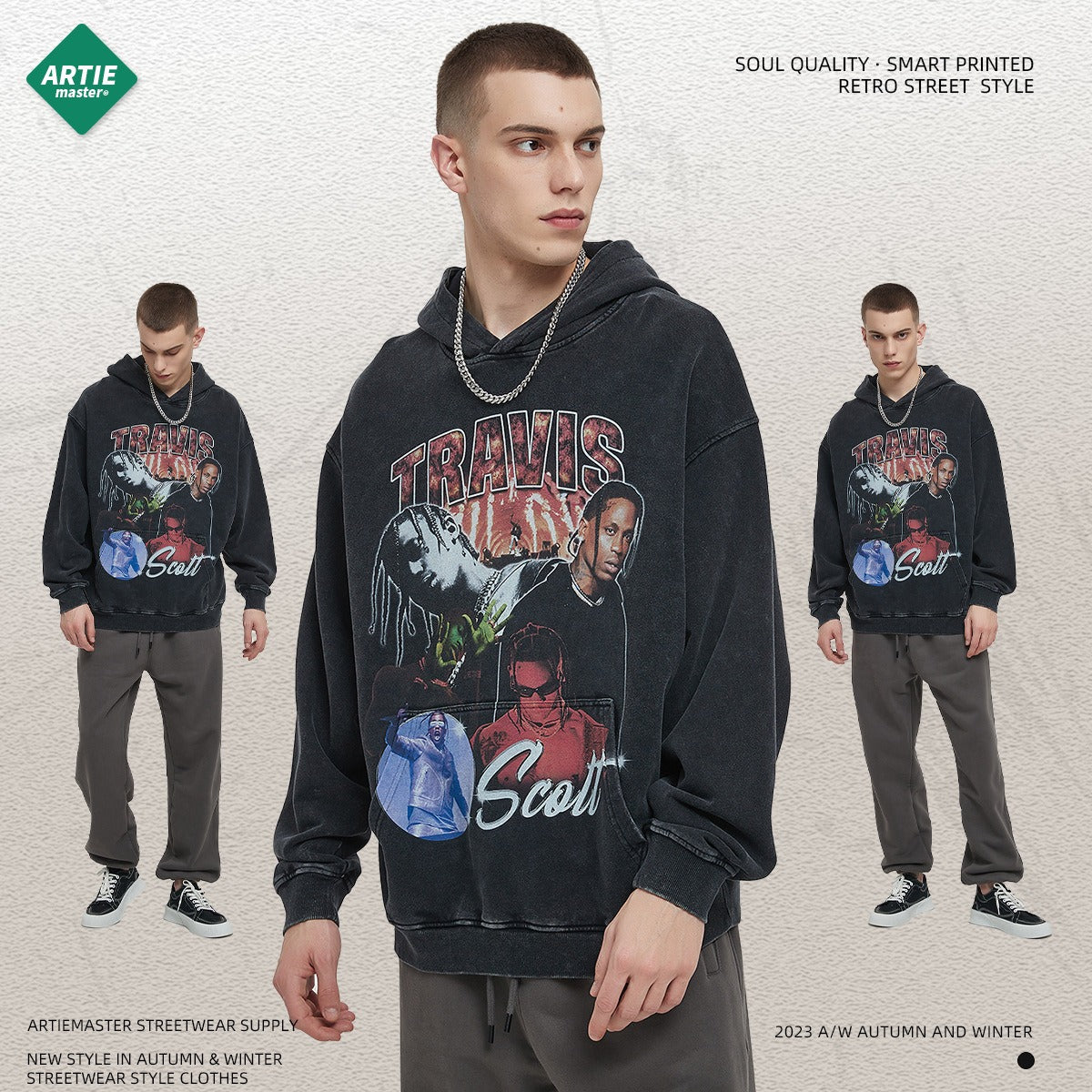 White ink digital direct spray breathable distressed printed hoodie for men's dark and trendy drawstring hoodie