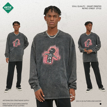 Autumn and Winter New Cartoon White Ink Digital Direct Printing Men's Long sleeved Washed Old Men's T-shirt