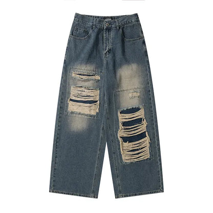 FlyShtFitsUK Denim Pants for Men's Design Sense Small and Loose Wide Leg Straight Leg Pants hiphop