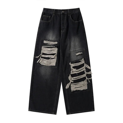 FlyShtFitsUK Denim Pants for Men's Design Sense Small and Loose Wide Leg Straight Leg Pants hiphop