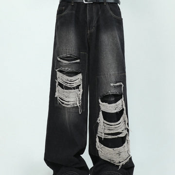 FlyShtFitsUK Denim Pants for Men's Design Sense Small and Loose Wide Leg Straight Leg Pants hiphop