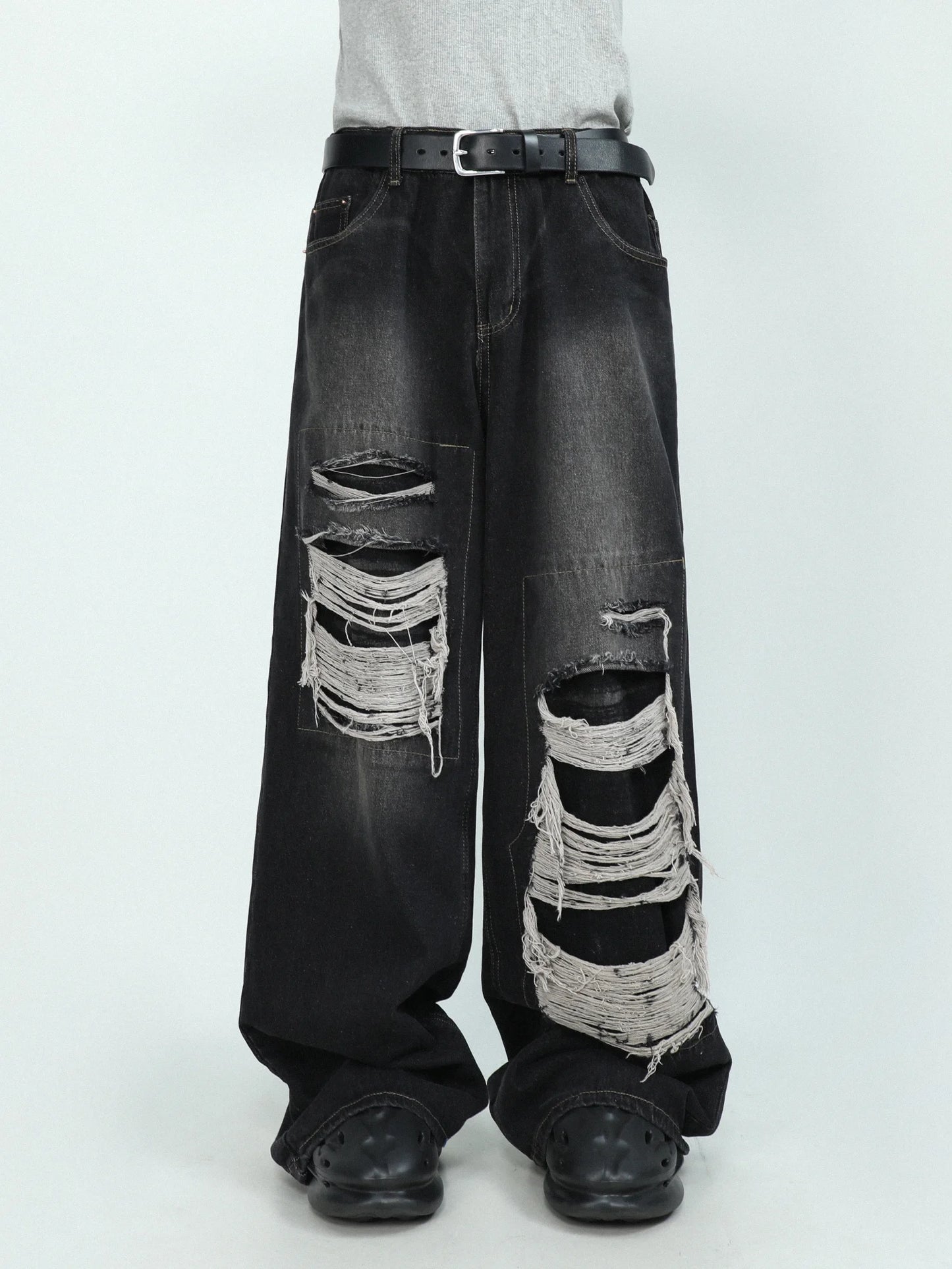 FlyShtFitsUK Denim Pants for Men's Design Sense Small and Loose Wide Leg Straight Leg Pants hiphop