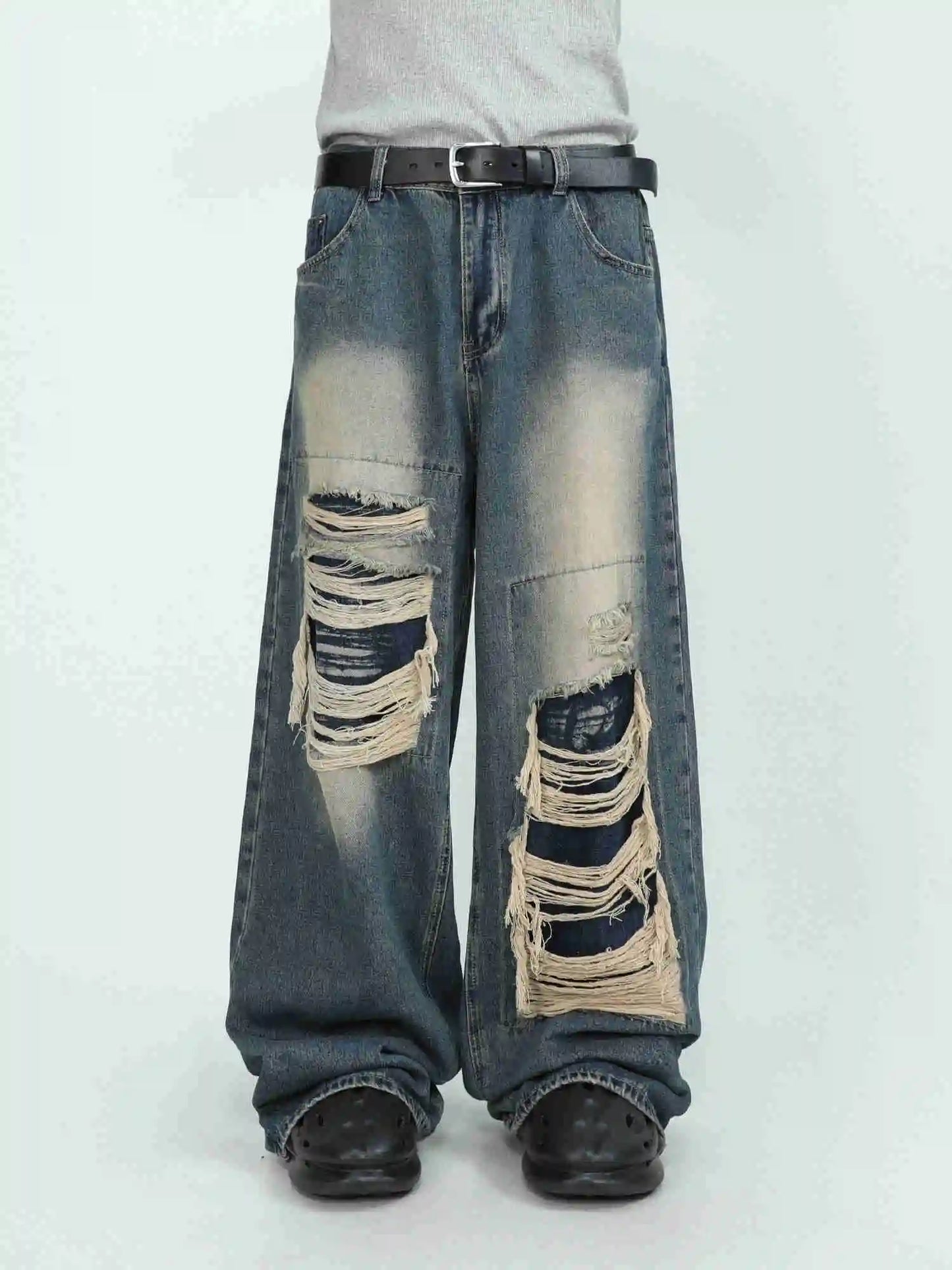 FlyShtFitsUK Denim Pants for Men's Design Sense Small and Loose Wide Leg Straight Leg Pants hiphop