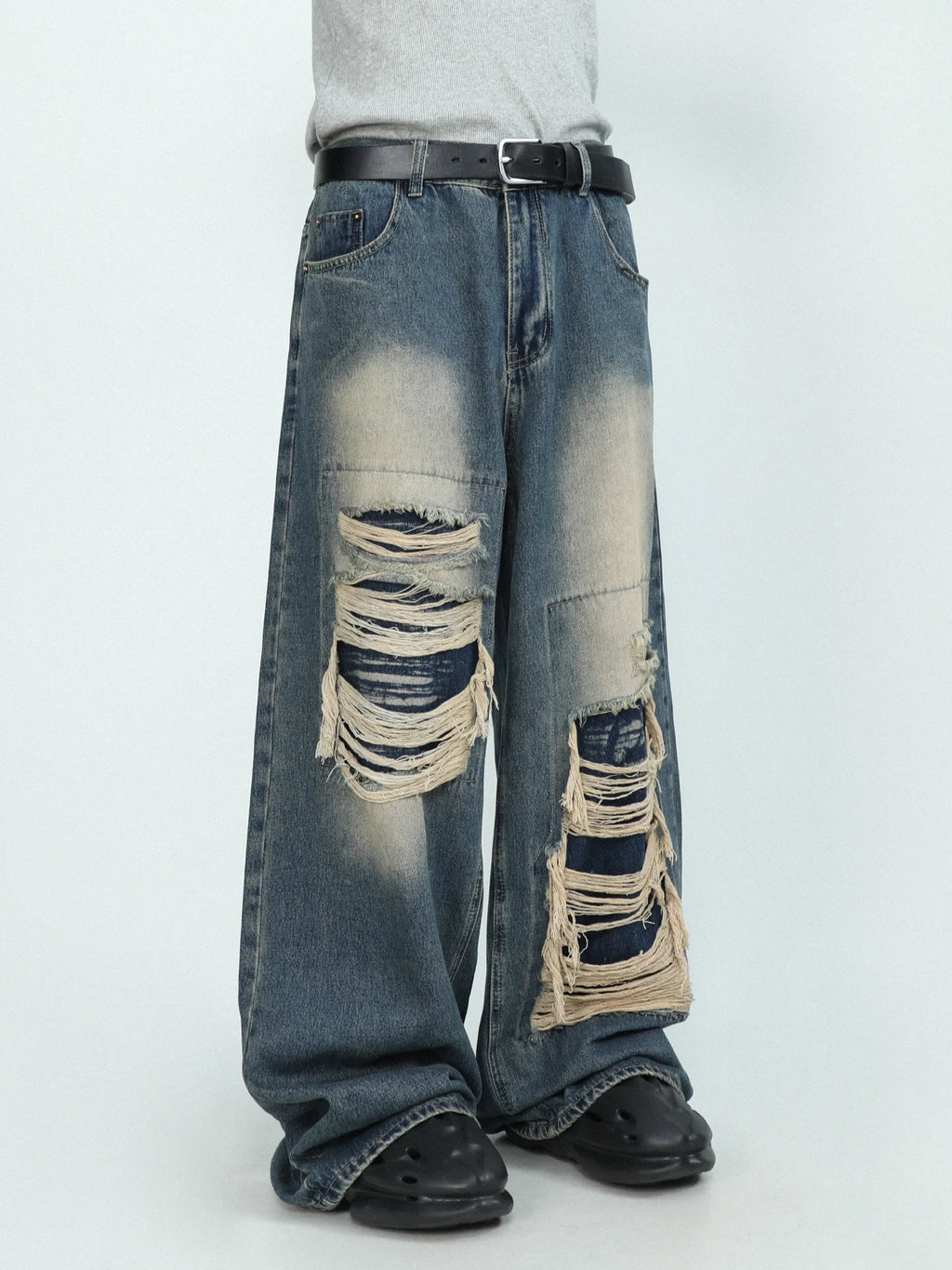 FlyShtFitsUK Denim Pants for Men's Design Sense Small and Loose Wide Leg Straight Leg Pants hiphop