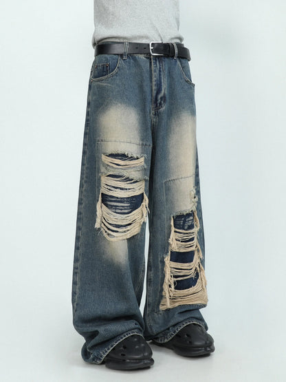 FlyShtFitsUK Denim Pants for Men's Design Sense Small and Loose Wide Leg Straight Leg Pants hiphop