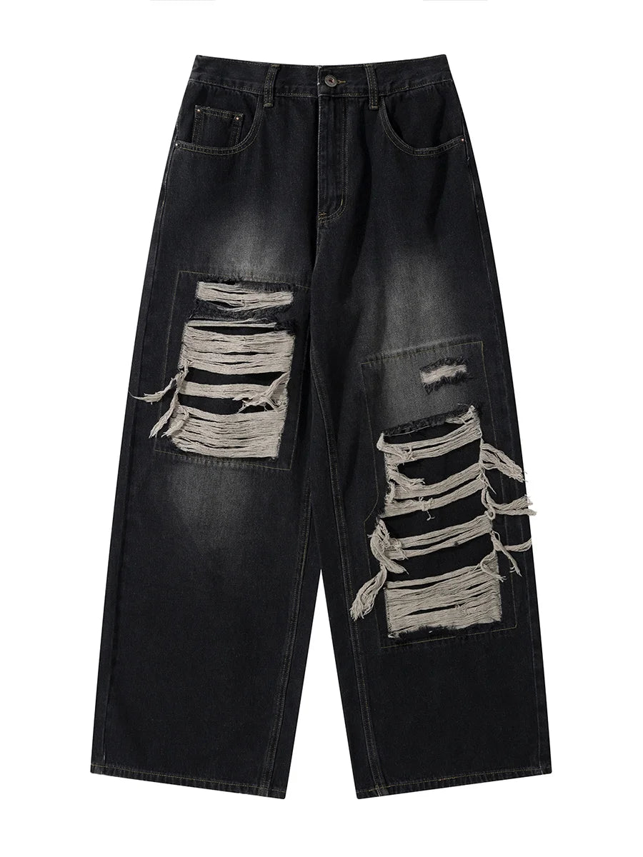 FlyShtFitsUK Denim Pants for Men's Design Sense Small and Loose Wide Leg Straight Leg Pants hiphop