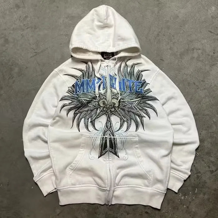 2023 Vintage Classic Letter Print Pattern Women Zip Up White Hoodeds Gothic Harajuku Casual Fashion Loose Sweatshirts New