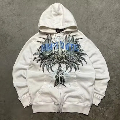 2023 Vintage Classic Letter Print Pattern Women Zip Up White Hoodeds Gothic Harajuku Casual Fashion Loose Sweatshirts New