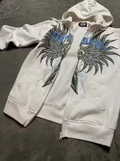 2023 Vintage Classic Letter Print Pattern Women Zip Up White Hoodeds Gothic Harajuku Casual Fashion Loose Sweatshirts New