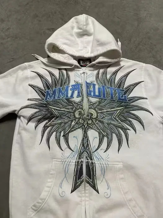 2023 Vintage Classic Letter Print Pattern Women Zip Up White Hoodeds Gothic Harajuku Casual Fashion Loose Sweatshirts New