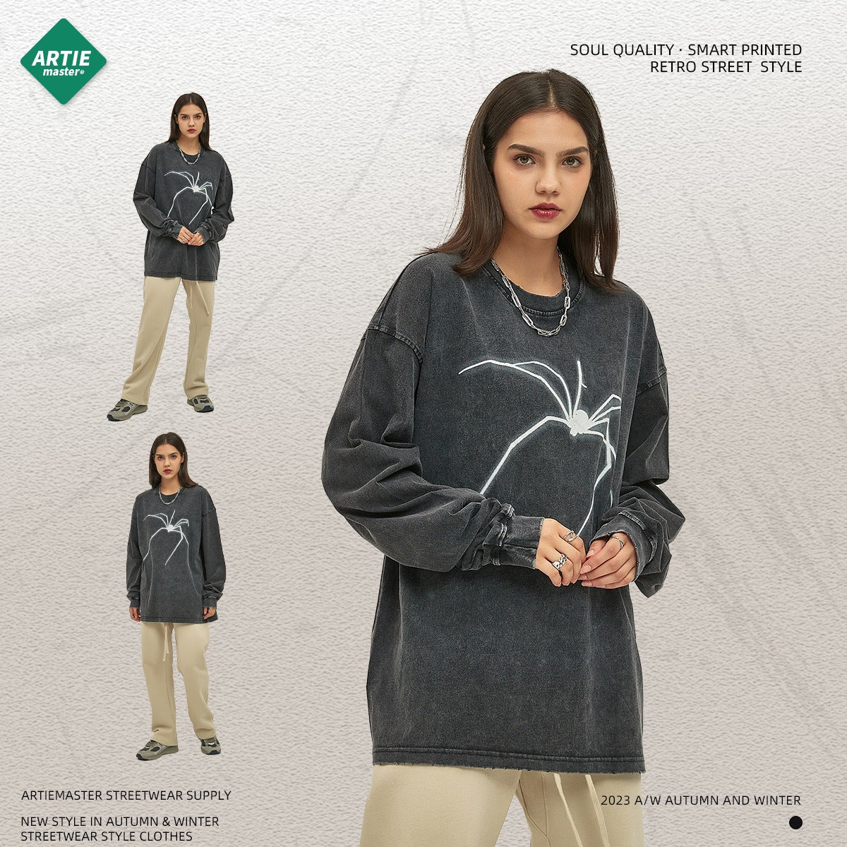 Autumn and winter new products, washed and worn, printed long sleeved t-shirt, men's fashion label, loose and long T-shirt