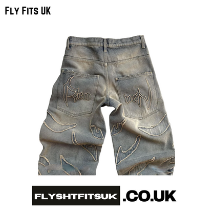 FlyShtFitsUK Streetwear Distressed Patchwork Baggy Jeans for Men Y2k Vintage Raw Edge Embroidery Denim Pants Women Straight Wide Leg Trousers