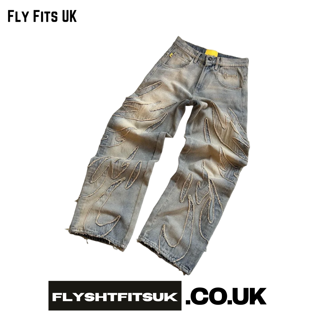 FlyShtFitsUK Streetwear Distressed Patchwork Baggy Jeans for Men Y2k Vintage Raw Edge Embroidery Denim Pants Women Straight Wide Leg Trousers