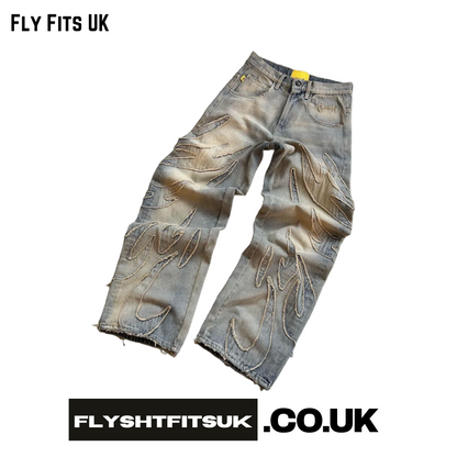 FlyShtFitsUK Streetwear Distressed Patchwork Baggy Jeans for Men Y2k Vintage Raw Edge Embroidery Denim Pants Women Straight Wide Leg Trousers