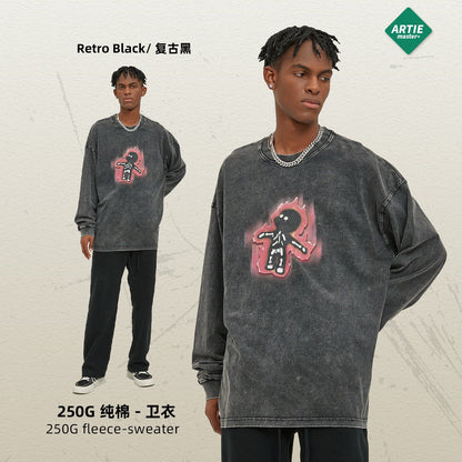 Autumn and Winter New Cartoon White Ink Digital Direct Printing Men's Long sleeved Washed Old Men's T-shirt