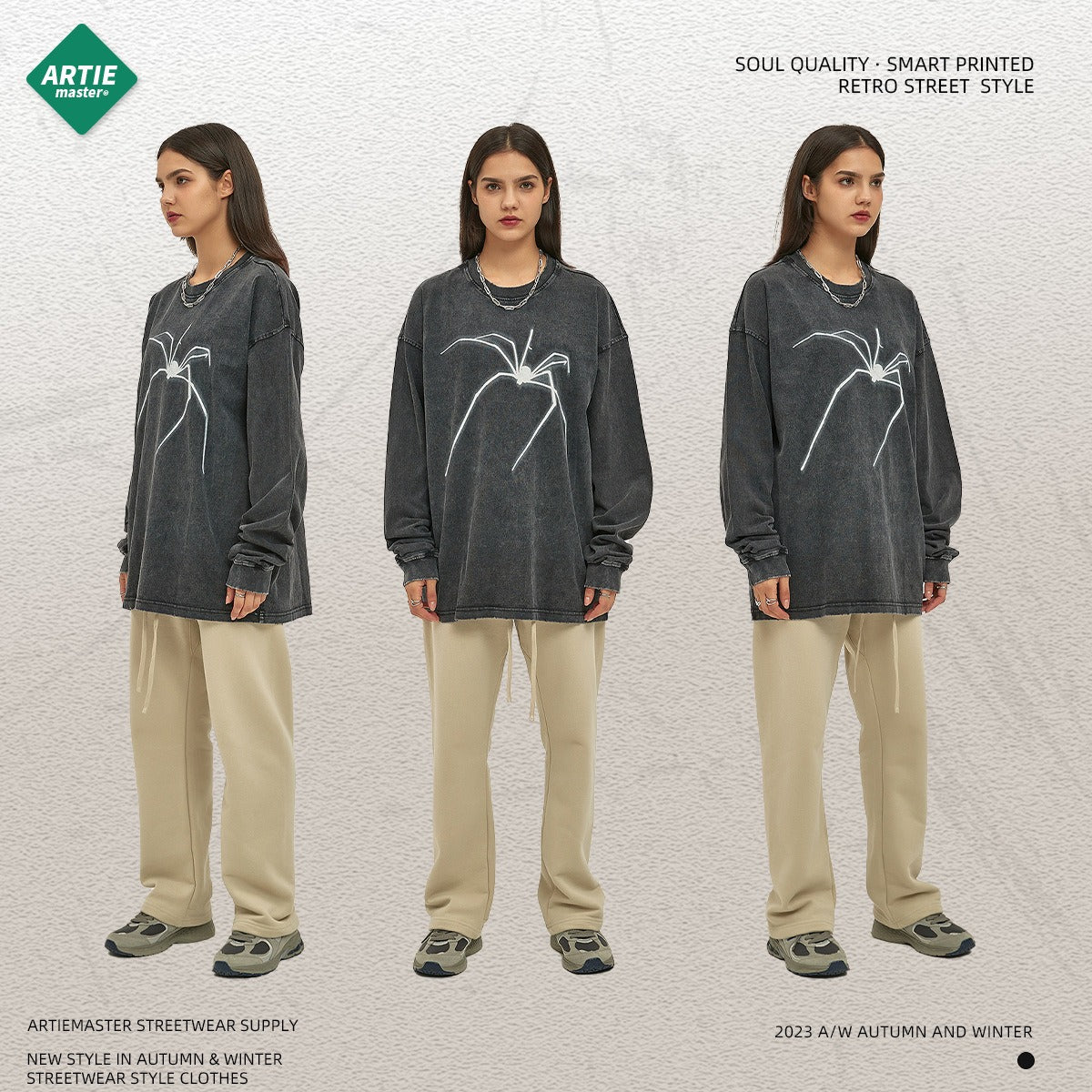 Autumn and winter new products, washed and worn, printed long sleeved t-shirt, men's fashion label, loose and long T-shirt