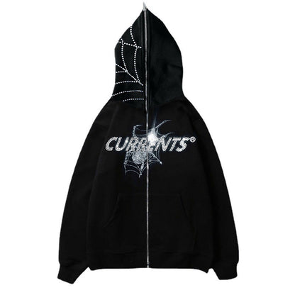 Y2K personalized hot diamond printed hoodie cardigan street trendy casual hip-hop zippered jacket