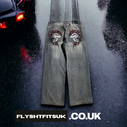 FlyShtFitsUk Skull Embroidered Loose Fit Jeans