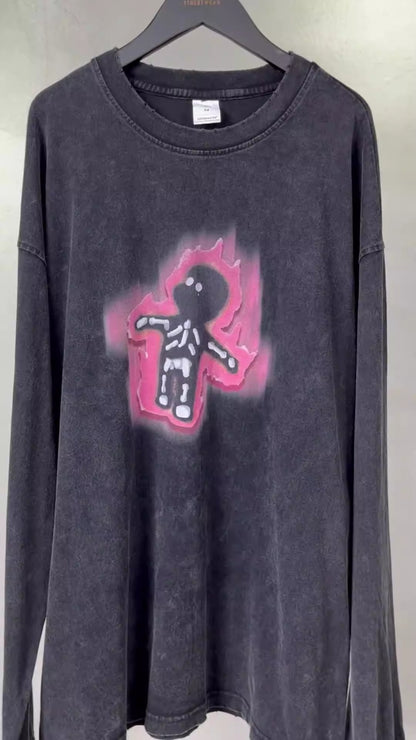 Autumn and Winter New Cartoon White Ink Digital Direct Printing Men's Long sleeved Washed Old Men's T-shirt