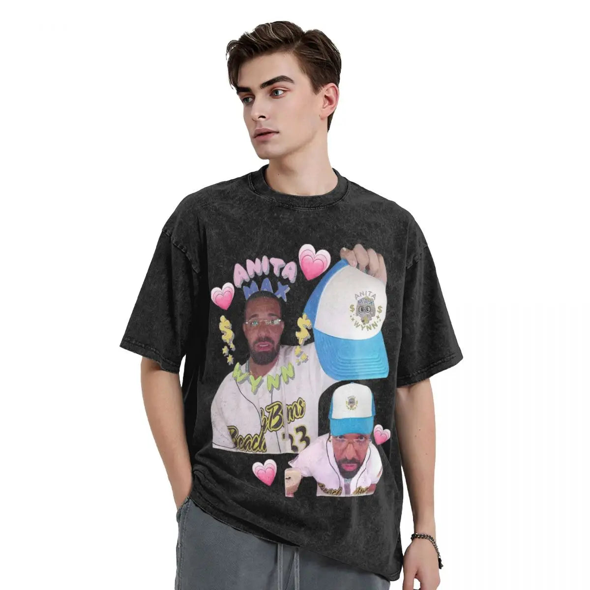 Anita Max Wynn Love Washed T Shirt Streetwear Hip Hop Cool T-Shirt Tees Tops Men Women Short Sleeve Harajuku Printed