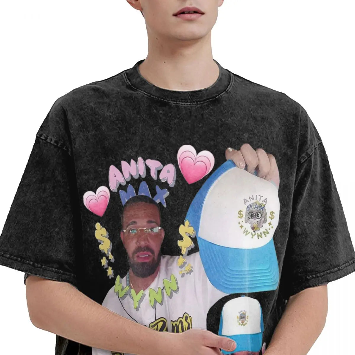 Anita Max Wynn Love Washed T Shirt Streetwear Hip Hop Cool T-Shirt Tees Tops Men Women Short Sleeve Harajuku Printed