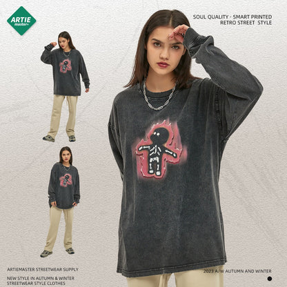 Autumn and Winter New Cartoon White Ink Digital Direct Printing Men's Long sleeved Washed Old Men's T-shirt