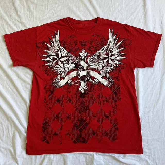 Cartoon Skull Totem Pattern Print Crop Tops Graphic Short Sleeve T-shirt Harajuku Grunge Y2K Aesthetic Mall Goth Vintage Tees