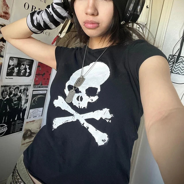 Cartoon Skull Totem Pattern Print Crop Tops Graphic Short Sleeve T-shirt Harajuku Grunge Y2K Aesthetic Mall Goth Vintage Tees
