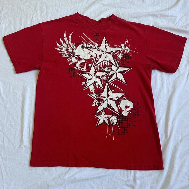 Cartoon Skull Totem Pattern Print Crop Tops Graphic Short Sleeve T-shirt Harajuku Grunge Y2K Aesthetic Mall Goth Vintage Tees