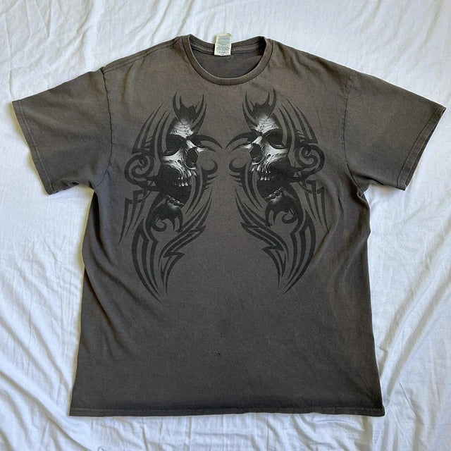 Cartoon Skull Totem Pattern Print Crop Tops Graphic Short Sleeve T-shirt Harajuku Grunge Y2K Aesthetic Mall Goth Vintage Tees
