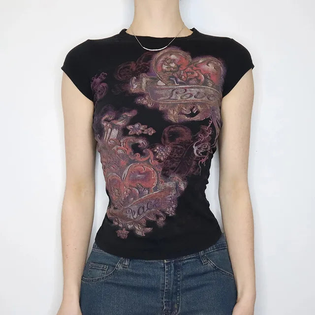 Cartoon Skull Totem Pattern Print Crop Tops Graphic Short Sleeve T-shirt Harajuku Grunge Y2K Aesthetic Mall Goth Vintage Tees