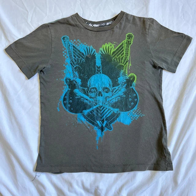 Cartoon Skull Totem Pattern Print Crop Tops Graphic Short Sleeve T-shirt Harajuku Grunge Y2K Aesthetic Mall Goth Vintage Tees