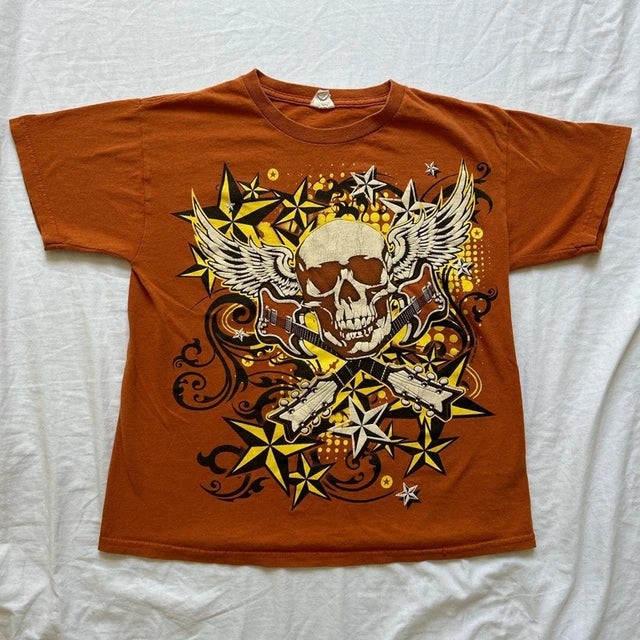 Cartoon Skull Totem Pattern Print Crop Tops Graphic Short Sleeve T-shirt Harajuku Grunge Y2K Aesthetic Mall Goth Vintage Tees