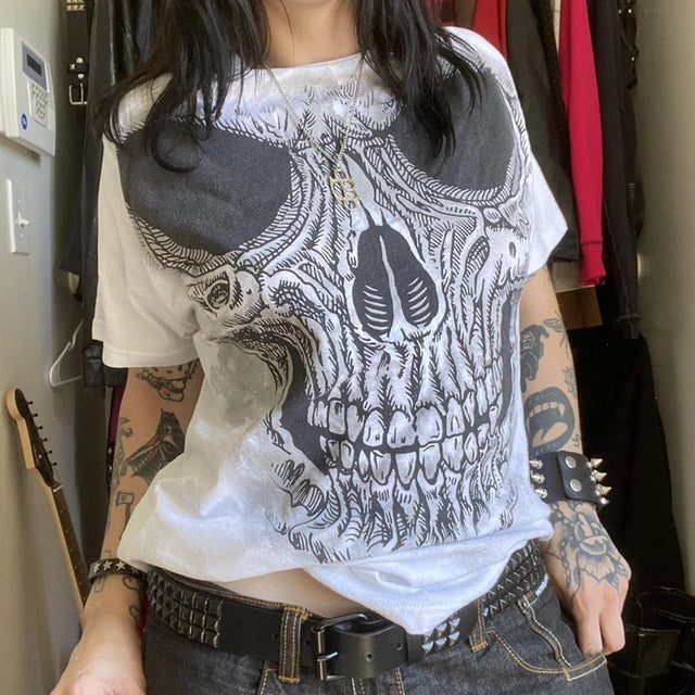 Cartoon Skull Totem Pattern Print Crop Tops Graphic Short Sleeve T-shirt Harajuku Grunge Y2K Aesthetic Mall Goth Vintage Tees