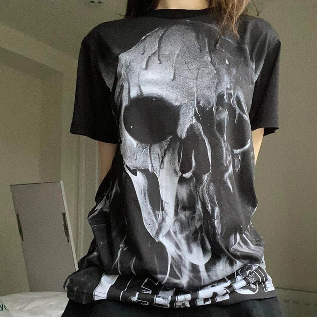 Cartoon Skull Totem Pattern Print Crop Tops Graphic Short Sleeve T-shirt Harajuku Grunge Y2K Aesthetic Mall Goth Vintage Tees