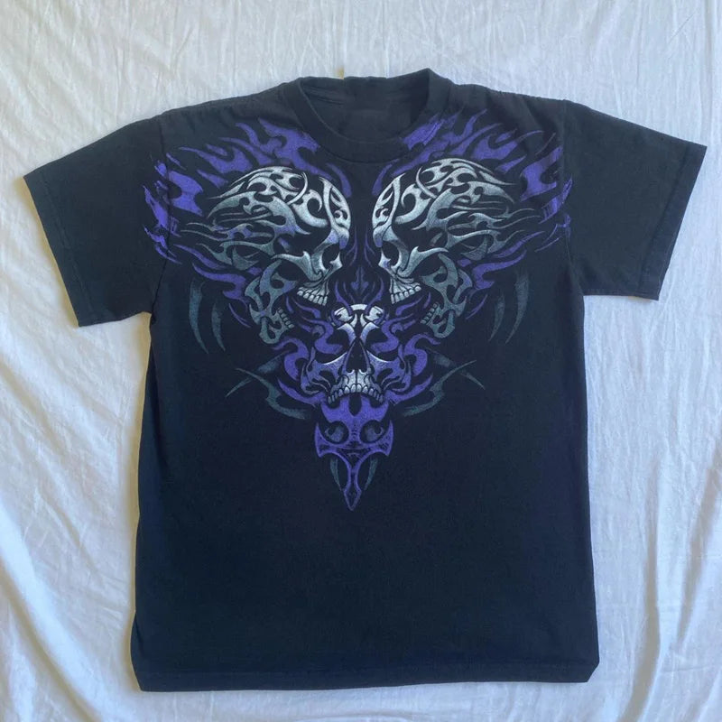 Cartoon Skull Totem Pattern Print Crop Tops Graphic Short Sleeve T-shirt Harajuku Grunge Y2K Aesthetic Mall Goth Vintage Tees