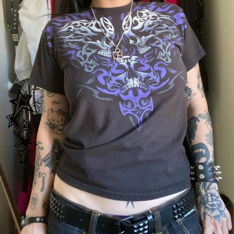 Cartoon Skull Totem Pattern Print Crop Tops Graphic Short Sleeve T-shirt Harajuku Grunge Y2K Aesthetic Mall Goth Vintage Tees