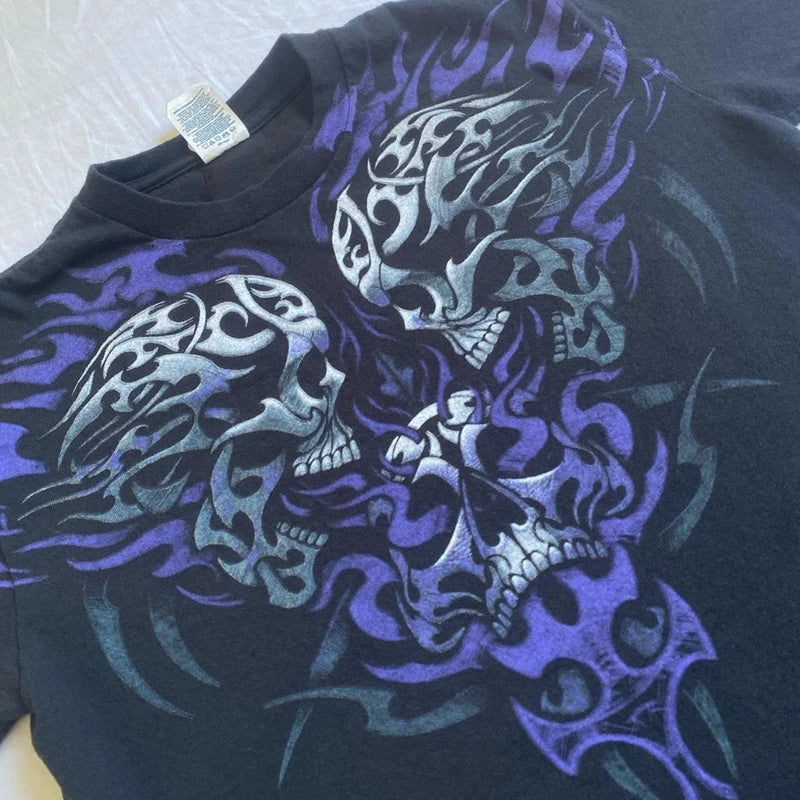 Cartoon Skull Totem Pattern Print Crop Tops Graphic Short Sleeve T-shirt Harajuku Grunge Y2K Aesthetic Mall Goth Vintage Tees