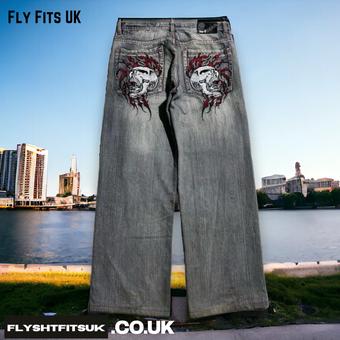 FlyShtFitsUk Skull Embroidered Loose Fit Jeans