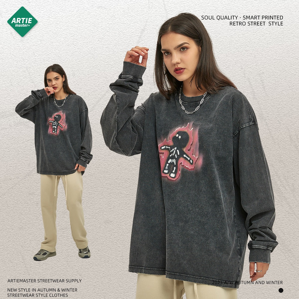 Autumn and Winter New Cartoon White Ink Digital Direct Printing Men's Long sleeved Washed Old Men's T-shirt