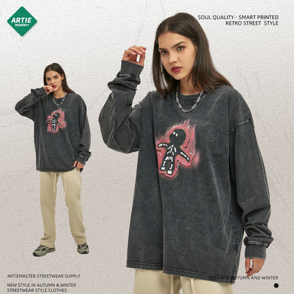 Autumn and Winter New Cartoon White Ink Digital Direct Printing Men's Long sleeved Washed Old Men's T-shirt