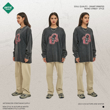 Autumn and Winter New Cartoon White Ink Digital Direct Printing Men's Long sleeved Washed Old Men's T-shirt