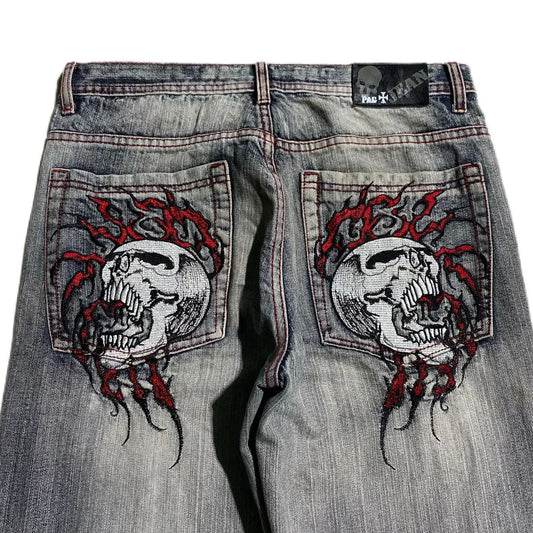 FlyShtFitsUk Skull Embroidered Loose Fit Jeans