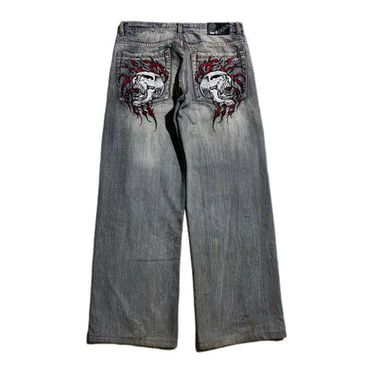 FlyShtFitsUk Skull Embroidered Loose Fit Jeans