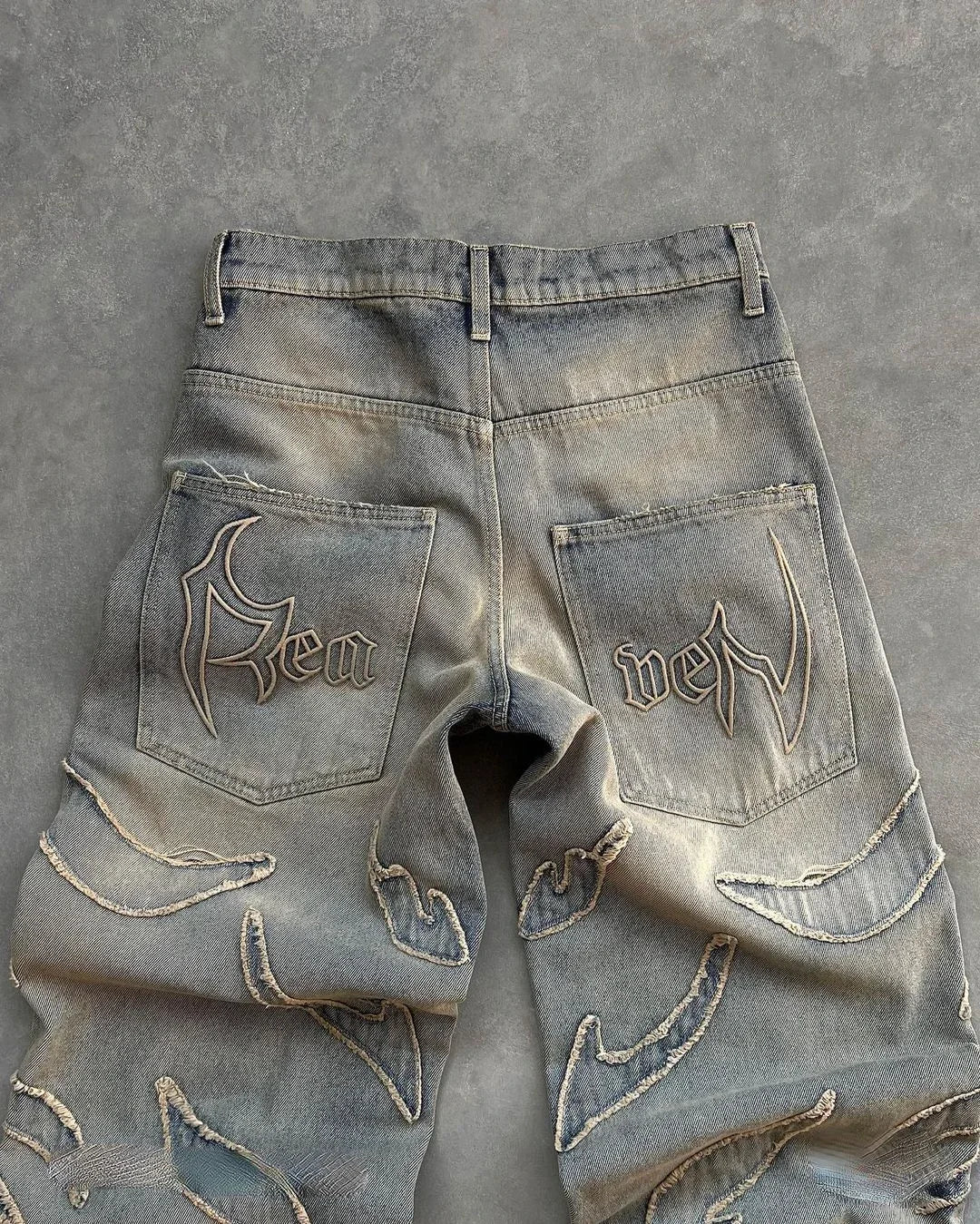 FlyShtFitsUK Streetwear Distressed Patchwork Baggy Jeans for Men Y2k Vintage Raw Edge Embroidery Denim Pants Women Straight Wide Leg Trousers