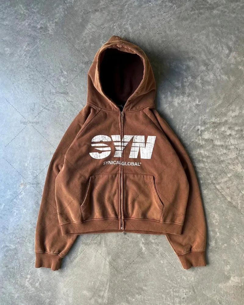 Y2k American Retro Zipper Sweatshirt Women with Letter Print High Stre FlyFitsUK