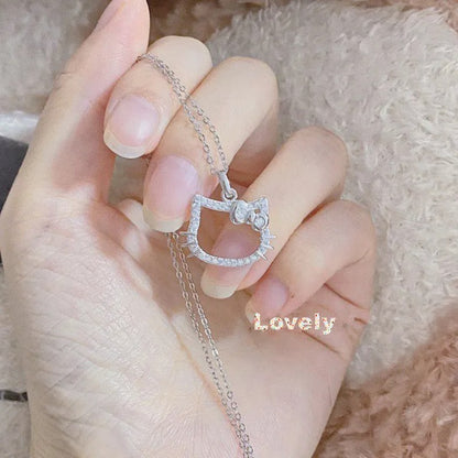 Lovely Hello Kitty Anime Kids Chain Necklace | Cute Cartoon Hollowed Crystal Ring | Perfect Birthday Gift for Women & Girls